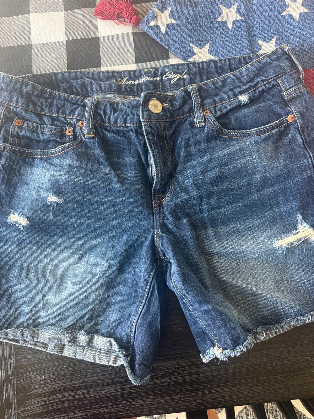 American Eagle Outfitters Dark Blue Denim Shorts with Embroidered Logo